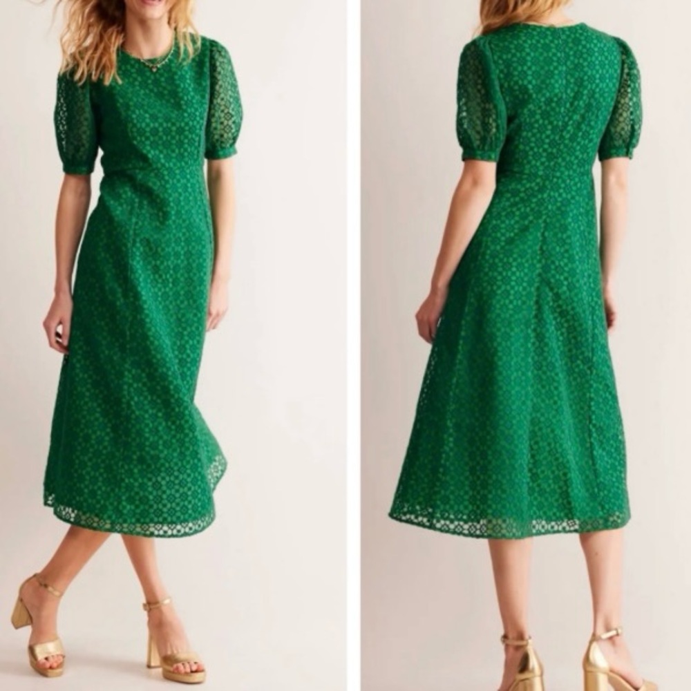 BODEN Organza Emerald Green Puff Sleeve Midi Dress
